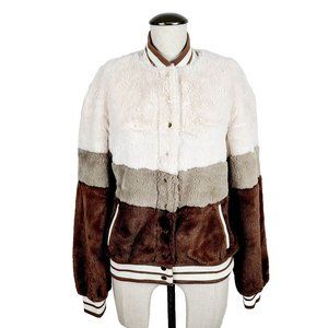 Beach Riot Bomber Jacket M Brown Cream Faux Fur Color Block Pockets Snap Front